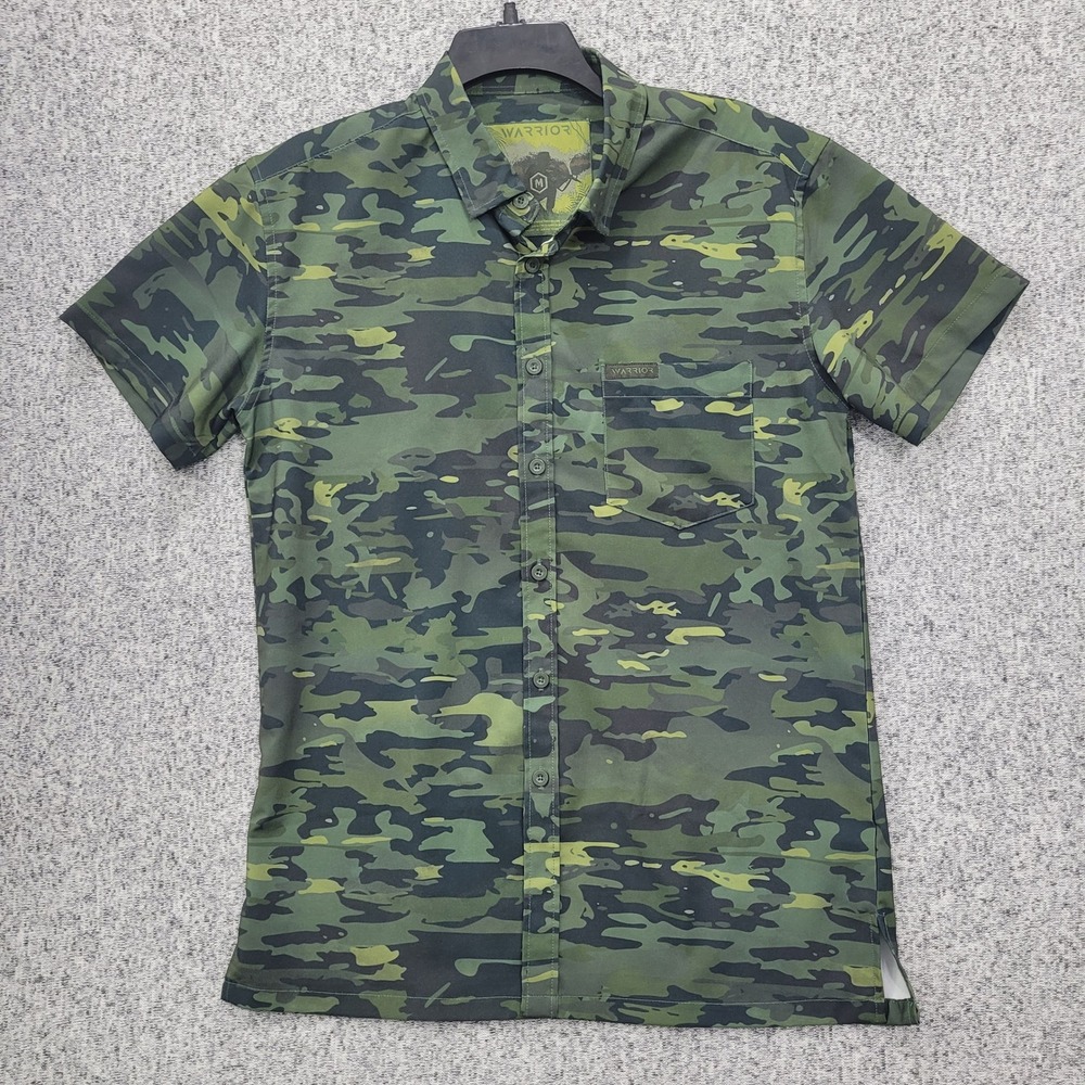 Warrior Mens Green Camo Short Sleeve Button Down Stretch Shirt Size Medium